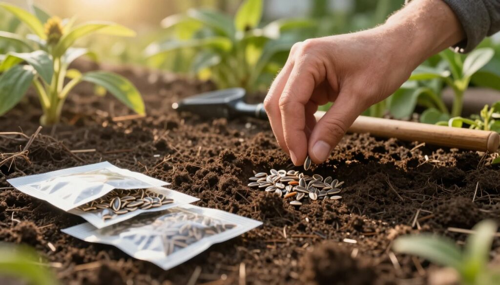 A carefully arranged composition depicting the stratification of Echinacea seeds in a natural setting. In the foreground, several small seed packets are opened, with Echinacea seeds spilling out, showing their distinct shapes and colors. In the middle ground, a hands-on approach is depicted, where a gardener is gently placing the seeds into a moist, rich soil bed. Soft sunlight filters through the foliage, creating a warm, inviting atmosphere, while the background showcases lush green plants and a hint of garden tools, suggesting an active gardening space. The scene is bathed in golden hour light, emphasizing the importance of seed stratification in nurturing strong seedlings. The focus should be on clarity and detail, with a shallow depth of field to draw attention to the seeds and the gardener's hands. A carefully arranged composition depicting the stratification of Echinacea seeds in a natural setting. In the foreground, several small seed packets are opened, with Echinacea seeds spilling out, showing their distinct shapes and colors. In the middle ground, a hands-on approach is depicted, where a gardener is gently placing the seeds into a moist, rich soil bed. Soft sunlight filters through the foliage, creating a warm, inviting atmosphere, while the background showcases lush green plants and a hint of garden tools, suggesting an active gardening space. The scene is bathed in golden hour light, emphasizing the importance of seed stratification in nurturing strong seedlings. The focus should be on clarity and detail, with a shallow depth of field to draw attention to the seeds and the gardener's hands.