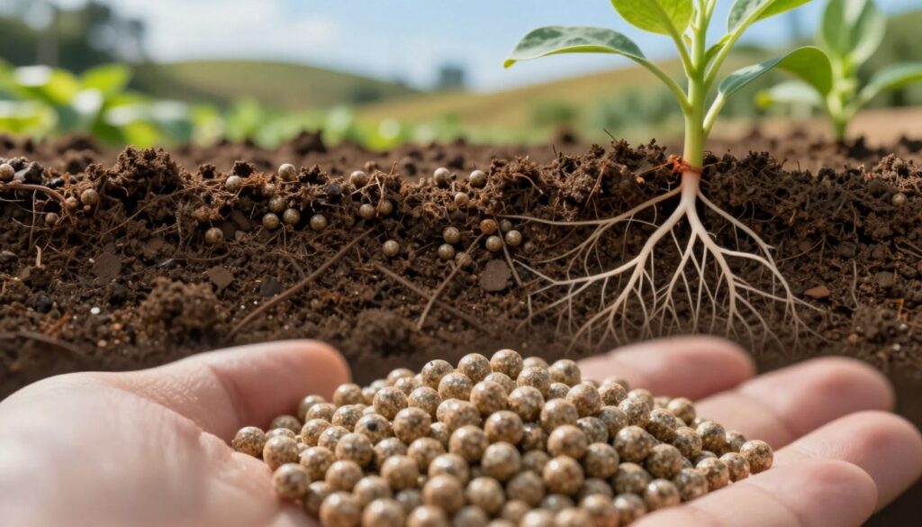 A close-up illustration of a nitrogen slow-release mechanism illustrating the layers of a granular fertilizer. In the foreground, showcase a handful of small, round granules of a granular fertilizer, glistening slightly under soft, diffused sunlight. In the middle ground, depict a cross-section of soil showing the granules intermingled with rich, dark soil, and roots of plants emerging. In the background, include gentle hills of a well-maintained garden with healthy plants, under a blue sky. The lighting should create a warm, inviting atmosphere, emphasizing the nutrient release process. Use a macro lens perspective to highlight the details of the granules and soil textures, capturing both the scientific nature and the beauty of gardening.