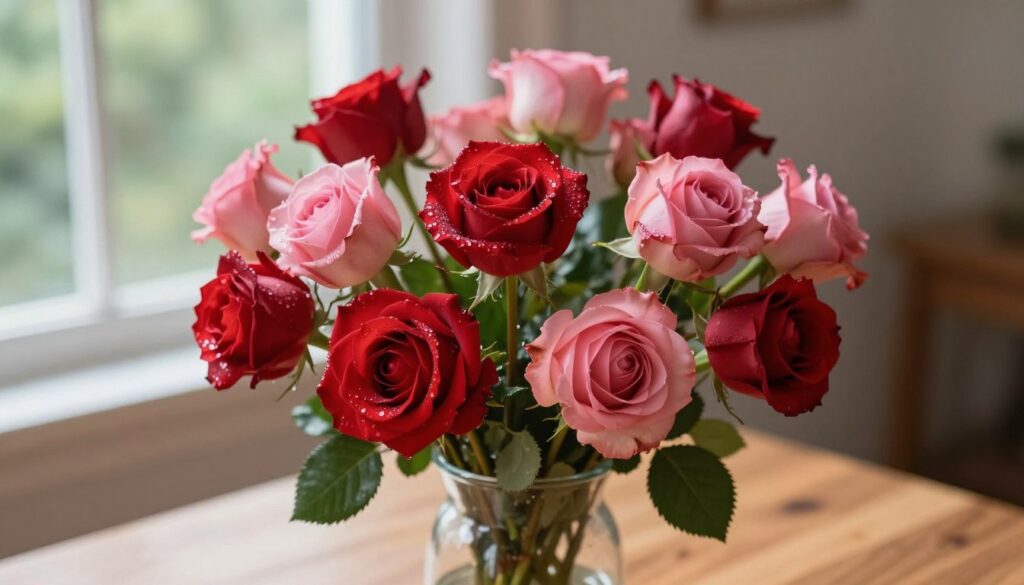 A close-up image of a beautiful arrangement of fresh roses in a clear glass vase, sitting on a wooden table. The roses are vibrant shades of red and pink, with dewdrops glistening on their petals, symbolizing freshness. Soft, natural lighting filters in from a nearby window, casting gentle shadows and highlighting the delicate textures of the flowers. In the background, a blurred greenery adds depth to the scene, creating a serene and inviting atmosphere. The focus is on the roses, showcasing their beauty and vitality, evoking a sense of renewal and care. The composition captures the essence of life and rejuvenation, perfect for illustrating the topic of reviving wilted flowers.