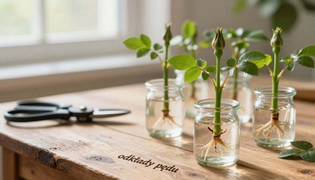 A close-up image of healthy rose cuttings, known as "odkłady pędu," carefully arranged on a rustic wooden table. In the foreground, vibrant green stems with budding leaves are nestled in small glass jars filled with water, showcasing their root systems. The middle layer features a pair of garden scissors and a small, elegant pruning knife, hinting at the cultivation process. In the background, soft sunlight filters through a nearby window, casting gentle shadows and creating a warm, inviting atmosphere. The scene should evoke a feeling of tranquility and optimism, ideal for home gardening enthusiasts, captured with a shallow depth of field to emphasize the cuttings while blurring the background. A close-up image of healthy rose cuttings, known as "odkłady pędu," carefully arranged on a rustic wooden table. In the foreground, vibrant green stems with budding leaves are nestled in small glass jars filled with water, showcasing their root systems. The middle layer features a pair of garden scissors and a small, elegant pruning knife, hinting at the cultivation process. In the background, soft sunlight filters through a nearby window, casting gentle shadows and creating a warm, inviting atmosphere. The scene should evoke a feeling of tranquility and optimism, ideal for home gardening enthusiasts, captured with a shallow depth of field to emphasize the cuttings while blurring the background.