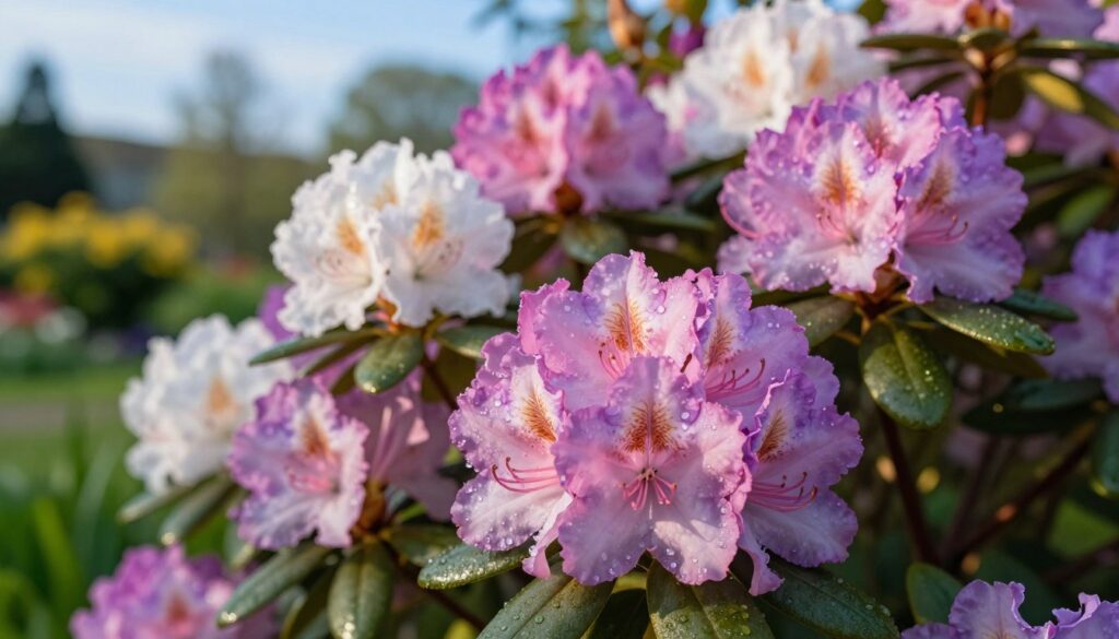 A close-up image of vibrant rhododendron flowers in full bloom, showcasing their rich shades of pink, purple, and white against lush green foliage. In the foreground, focus on delicate petals with dew drops glistening under soft, natural sunlight, creating a fresh and inviting atmosphere. The middle ground features healthy leaves surrounding the blossoms, emphasizing their vitality. In the background, a blurred landscape of a serene garden setting, with hints of soft focus plants and a clear blue sky, adds depth. The lighting should be warm and gentle, conveying a sense of tranquility and growth. This visually appealing composition highlights the beauty and health of rhododendrons. A close-up image of vibrant rhododendron flowers in full bloom, showcasing their rich shades of pink, purple, and white against lush green foliage. In the foreground, focus on delicate petals with dew drops glistening under soft, natural sunlight, creating a fresh and inviting atmosphere. The middle ground features healthy leaves surrounding the blossoms, emphasizing their vitality. In the background, a blurred landscape of a serene garden setting, with hints of soft focus plants and a clear blue sky, adds depth. The lighting should be warm and gentle, conveying a sense of tranquility and growth. This visually appealing composition highlights the beauty and health of rhododendrons.