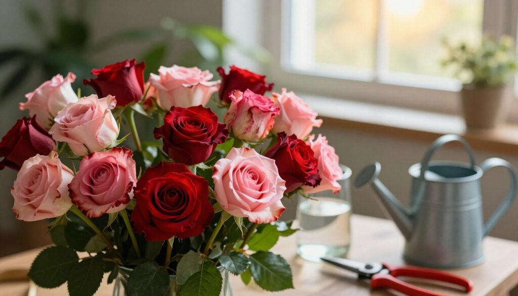 A close-up of a vibrant, fresh bouquet of roses in the foreground, showcasing both healthy blooms and a few wilted ones for contrast. Surround the roses with tools for revival, such as a pair of pruning shears, a small watering can, and a clear vase filled with water. In the middle ground, softly blurred greenery adds a natural setting, while in the background, a window lets in warm, inviting sunlight, creating a cozy and nurturing atmosphere. The lighting accentuates the rich colors of the roses, with a focus on the deep reds and soft pinks, evoking a sense of care and revitalization. The overall mood should convey hope and the beauty of restoration, perfect for a gardening enthusiast. A close-up of a vibrant, fresh bouquet of roses in the foreground, showcasing both healthy blooms and a few wilted ones for contrast. Surround the roses with tools for revival, such as a pair of pruning shears, a small watering can, and a clear vase filled with water. In the middle ground, softly blurred greenery adds a natural setting, while in the background, a window lets in warm, inviting sunlight, creating a cozy and nurturing atmosphere. The lighting accentuates the rich colors of the roses, with a focus on the deep reds and soft pinks, evoking a sense of care and revitalization. The overall mood should convey hope and the beauty of restoration, perfect for a gardening enthusiast.