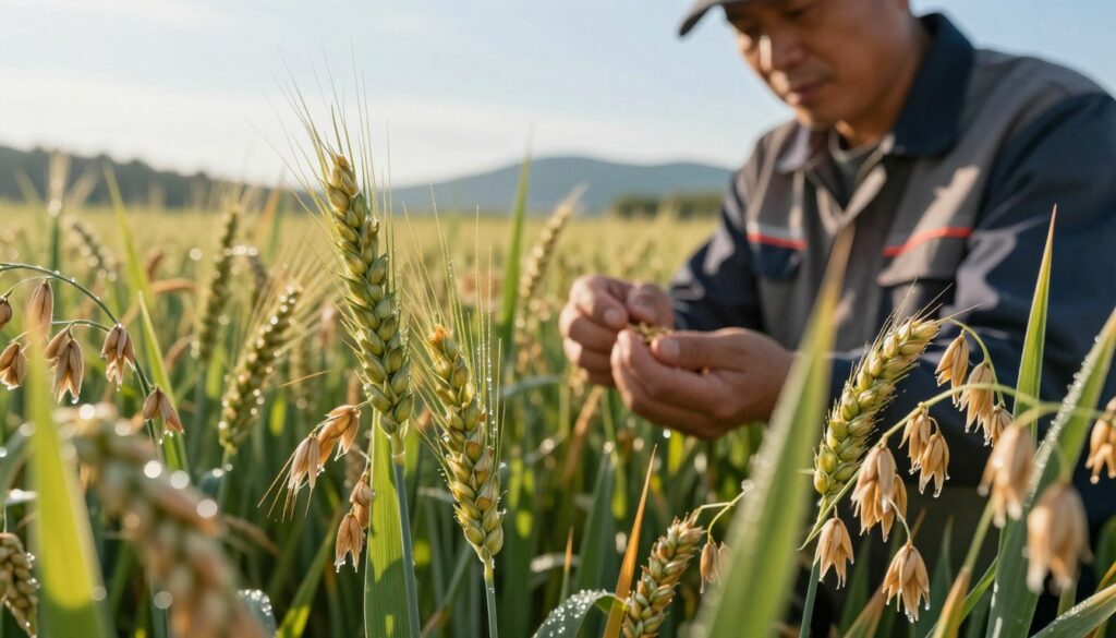 A close-up of technical grains in a lush green field, showcasing various types of grains such as barley, maize, and oats. In the foreground, include clusters of ripening grains, with drops of dew glistening in the morning sunlight. The middle ground features a farmer inspecting the crops, dressed in professional work attire, examining the grains with a thoughtful expression. In the background, hint at a soft-focus landscape of rolling hills under a clear blue sky, enhancing the sense of agricultural abundance. The lighting is warm and inviting, casting gentle shadows that emphasize the textures of the grains. The overall mood is one of growth and professionalism, highlighting the essence of technical grains versus consumption grains. A close-up of technical grains in a lush green field, showcasing various types of grains such as barley, maize, and oats. In the foreground, include clusters of ripening grains, with drops of dew glistening in the morning sunlight. The middle ground features a farmer inspecting the crops, dressed in professional work attire, examining the grains with a thoughtful expression. In the background, hint at a soft-focus landscape of rolling hills under a clear blue sky, enhancing the sense of agricultural abundance. The lighting is warm and inviting, casting gentle shadows that emphasize the textures of the grains. The overall mood is one of growth and professionalism, highlighting the essence of technical grains versus consumption grains.