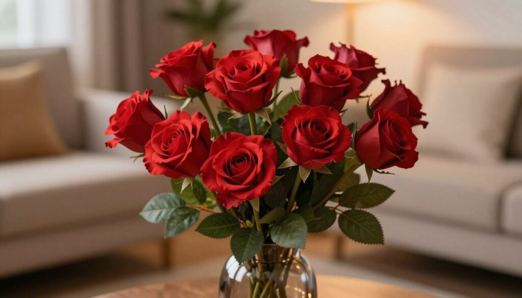 A close-up of vibrant, realistic artificial red roses displaying intricate petal details and lush green leaves. The flowers are arranged elegantly in a stylish, modern vase that reflects light beautifully, creating a soft sheen. In the foreground, the roses are sharply focused, while the background features a softly blurred, cozy living room setting with warm, ambient lighting that enhances the mood of intimacy and care. The scene should evoke feelings of love and thoughtfulness, making the artificial roses appear as a perfect, enduring gift for a loved one. The perspective should be slightly above eye level, capturing the elegance of the arrangement and the inviting atmosphere of the space. A close-up of vibrant, realistic artificial red roses displaying intricate petal details and lush green leaves. The flowers are arranged elegantly in a stylish, modern vase that reflects light beautifully, creating a soft sheen. In the foreground, the roses are sharply focused, while the background features a softly blurred, cozy living room setting with warm, ambient lighting that enhances the mood of intimacy and care. The scene should evoke feelings of love and thoughtfulness, making the artificial roses appear as a perfect, enduring gift for a loved one. The perspective should be slightly above eye level, capturing the elegance of the arrangement and the inviting atmosphere of the space.