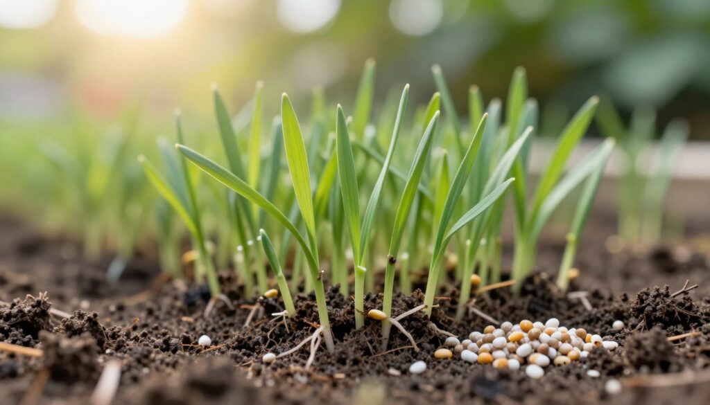 A close-up of young grass seedlings emerging from the soil, showcasing their delicate roots and vibrant green leaves. Surrounding the seedlings, small granules of fertilizer are lightly scattered, emphasizing the interaction between the seeds and nutrients. In the background, a blurred garden scene with soft sunlight filtering through leaves creates a serene atmosphere. The lighting is soft and warm, enhancing the freshness of the young plants. The camera angle is low, capturing the seedlings from their level to evoke a sense of growth and potential. The overall mood is hopeful and nurturing, reflecting the advantages and potential risks involved in sowing grass with fertilizer. A close-up of young grass seedlings emerging from the soil, showcasing their delicate roots and vibrant green leaves. Surrounding the seedlings, small granules of fertilizer are lightly scattered, emphasizing the interaction between the seeds and nutrients. In the background, a blurred garden scene with soft sunlight filtering through leaves creates a serene atmosphere. The lighting is soft and warm, enhancing the freshness of the young plants. The camera angle is low, capturing the seedlings from their level to evoke a sense of growth and potential. The overall mood is hopeful and nurturing, reflecting the advantages and potential risks involved in sowing grass with fertilizer.