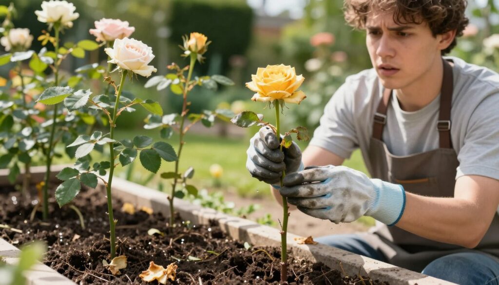 A close-up view of a garden setting where various common mistakes in rose propagation are visually represented. In the foreground, wilted and yellowed rose cuttings in soil, indicating overwatering and poor care. In the middle, a person wearing a gardening apron and gloves examines drooping rose stems, with a look of concern, showcasing improper techniques. The background features a well-maintained garden with healthy roses, emphasizing the contrast of successful propagation. Natural sunlight filters through the leaves, casting gentle, dappled shadows over the scene, creating an informative yet serene atmosphere. Focus on realistic details of the plants and the gardener’s expression to convey the importance of proper rose propagation methods. A close-up view of a garden setting where various common mistakes in rose propagation are visually represented. In the foreground, wilted and yellowed rose cuttings in soil, indicating overwatering and poor care. In the middle, a person wearing a gardening apron and gloves examines drooping rose stems, with a look of concern, showcasing improper techniques. The background features a well-maintained garden with healthy roses, emphasizing the contrast of successful propagation. Natural sunlight filters through the leaves, casting gentle, dappled shadows over the scene, creating an informative yet serene atmosphere. Focus on realistic details of the plants and the gardener’s expression to convey the importance of proper rose propagation methods.