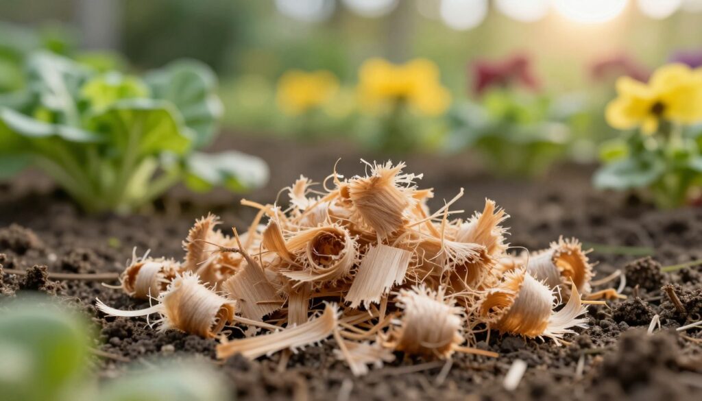 A close-up view of a handful of light brown pine wood shavings, or "trociny drzew iglastych," scattered gently across a fertile garden soil, highlighting their fibrous texture and earthy tones. In the background, soft-focus green vegetables and vibrant flower beds create a lush garden atmosphere, with sunlight filtering through the leaves, casting a warm and inviting glow. The scene captures a tranquil, organic feel, emphasizing the natural process of gardening. Use a shallow depth of field to keep the focus on the wood shavings while subtly blurring the background. The lighting should be soft and diffused, enhancing the warmth of the colors and inviting a sense of serenity. A close-up view of a handful of light brown pine wood shavings, or "trociny drzew iglastych," scattered gently across a fertile garden soil, highlighting their fibrous texture and earthy tones. In the background, soft-focus green vegetables and vibrant flower beds create a lush garden atmosphere, with sunlight filtering through the leaves, casting a warm and inviting glow. The scene captures a tranquil, organic feel, emphasizing the natural process of gardening. Use a shallow depth of field to keep the focus on the wood shavings while subtly blurring the background. The lighting should be soft and diffused, enhancing the warmth of the colors and inviting a sense of serenity.