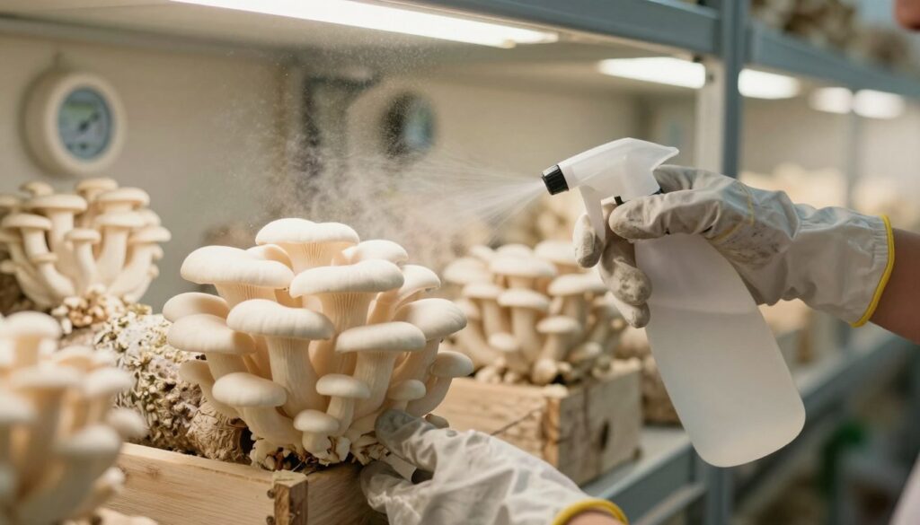 A close-up view of a person gently caring for oyster mushrooms (boczniaki) inside a bright, humid indoor cultivation space. In the foreground, show a pair of hands wearing modest gardening gloves, delicately misting the mushrooms with a spray bottle to maintain moisture. The middle layer features clusters of fresh, flourishing oyster mushrooms growing on wooden logs or in a box, displaying their unique fan-like caps. In the background, softly blurred, shelves with additional cultivation setups, including humidity gauges and light sources, illuminate the scene. The lighting is warm and inviting, creating a serene and nurturing atmosphere, highlighting the lush greenery and the white to cream colors of the mushrooms, evoking an organic and earthy feel. A close-up view of a person gently caring for oyster mushrooms (boczniaki) inside a bright, humid indoor cultivation space. In the foreground, show a pair of hands wearing modest gardening gloves, delicately misting the mushrooms with a spray bottle to maintain moisture. The middle layer features clusters of fresh, flourishing oyster mushrooms growing on wooden logs or in a box, displaying their unique fan-like caps. In the background, softly blurred, shelves with additional cultivation setups, including humidity gauges and light sources, illuminate the scene. The lighting is warm and inviting, creating a serene and nurturing atmosphere, highlighting the lush greenery and the white to cream colors of the mushrooms, evoking an organic and earthy feel.