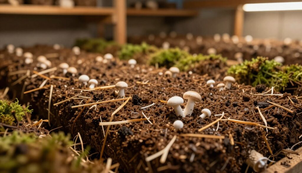 A close-up view of a prepared substrate for growing champignon mushrooms, showcasing a rich, dark brown compost base mixed with straw and gypsum. In the foreground, small, white mycelium strands are visible, indicating the beginning of mushroom cultivation. The middle ground features the substrate arranged in neat rows, with soft moss accentuating the natural feel. In the background, a dimly lit, rustic growing chamber can be seen, with wooden shelves and ambient warm lighting casting a cozy glow, enhancing the atmosphere of growth and nurturing. The camera is positioned at a slight angle, focusing on the textures of the substrate, inviting viewers into the world of mushroom farming. The overall mood is peaceful and earthy, reflecting the essence of home cultivation. A close-up view of a prepared substrate for growing champignon mushrooms, showcasing a rich, dark brown compost base mixed with straw and gypsum. In the foreground, small, white mycelium strands are visible, indicating the beginning of mushroom cultivation. The middle ground features the substrate arranged in neat rows, with soft moss accentuating the natural feel. In the background, a dimly lit, rustic growing chamber can be seen, with wooden shelves and ambient warm lighting casting a cozy glow, enhancing the atmosphere of growth and nurturing. The camera is positioned at a slight angle, focusing on the textures of the substrate, inviting viewers into the world of mushroom farming. The overall mood is peaceful and earthy, reflecting the essence of home cultivation.