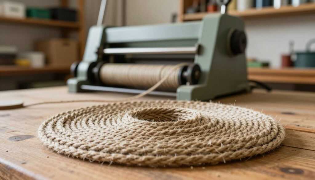 A close-up view of a sturdy binding twine, coiled neatly on a wooden workbench in a well-lit workshop environment. The foreground focuses on the texture of the twine, highlighting its natural fibers intertwined tightly. In the middle ground, a specialized baling machine stands, showcasing its components and mechanisms, with emphasis on the area where the twine is applied. The background reveals shelves filled with agricultural tools and supplies, softly blurred to keep attention on the twine and machine. Gentle, diffused lighting illuminates the scene, creating a warm and inviting atmosphere. The perspective captures the twine's practical use in agriculture, conveying a sense of craftsmanship and functionality. A close-up view of a sturdy binding twine, coiled neatly on a wooden workbench in a well-lit workshop environment. The foreground focuses on the texture of the twine, highlighting its natural fibers intertwined tightly. In the middle ground, a specialized baling machine stands, showcasing its components and mechanisms, with emphasis on the area where the twine is applied. The background reveals shelves filled with agricultural tools and supplies, softly blurred to keep attention on the twine and machine. Gentle, diffused lighting illuminates the scene, creating a warm and inviting atmosphere. The perspective captures the twine's practical use in agriculture, conveying a sense of craftsmanship and functionality.