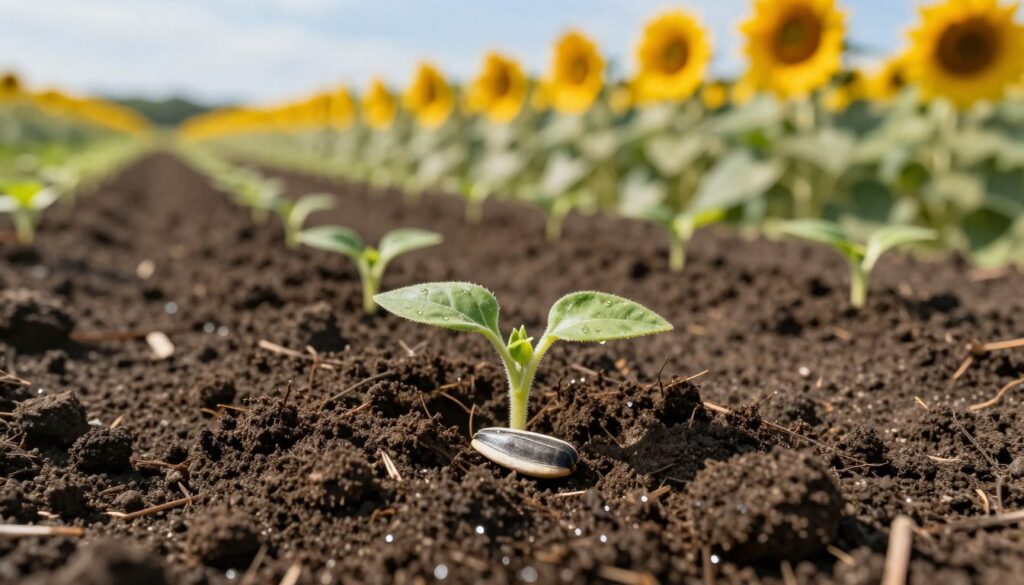A close-up view of a sunflower seed being planted in rich, dark soil, showcasing the ideal depth for sowing. In the foreground, focus on the seed partially buried, surrounded by fine soil particles glistening with moisture from a recent rain. In the middle ground, rows of young sunflower plants emerge, illustrating the proper spacing between seeds, with tiny green leaves just breaking through the soil. The background features a blurred field of vibrant sunflowers in full bloom under a bright blue sky, casting soft shadows on the ground. The sunlight creates a warm and inviting atmosphere, highlighting the importance of sowing depth and spacing for healthy growth. Use a shallow depth of field to emphasize the details of the seed in soil. A close-up view of a sunflower seed being planted in rich, dark soil, showcasing the ideal depth for sowing. In the foreground, focus on the seed partially buried, surrounded by fine soil particles glistening with moisture from a recent rain. In the middle ground, rows of young sunflower plants emerge, illustrating the proper spacing between seeds, with tiny green leaves just breaking through the soil. The background features a blurred field of vibrant sunflowers in full bloom under a bright blue sky, casting soft shadows on the ground. The sunlight creates a warm and inviting atmosphere, highlighting the importance of sowing depth and spacing for healthy growth. Use a shallow depth of field to emphasize the details of the seed in soil.