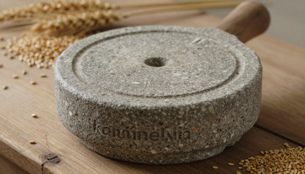 A close-up view of a traditional grain millstone, known as "kamień mielenia," on a rustic wooden table. The stone is weathered with visible texture, showcasing its usage over time, with subtle grooves and chips revealing its history. Soft, natural lighting casts gentle shadows, enhancing the details of the stone's surface. In the background, a blurred array of grains, like wheat and corn, emphasizes its function. The overall atmosphere is serene and earthy, evoking a sense of craftsmanship and tradition in milling. The scene is captured from a slightly elevated angle to highlight the stone's imperfections and the surrounding grains, creating an authentic, tactile experience. A close-up view of a traditional grain millstone, known as "kamień mielenia," on a rustic wooden table. The stone is weathered with visible texture, showcasing its usage over time, with subtle grooves and chips revealing its history. Soft, natural lighting casts gentle shadows, enhancing the details of the stone's surface. In the background, a blurred array of grains, like wheat and corn, emphasizes its function. The overall atmosphere is serene and earthy, evoking a sense of craftsmanship and tradition in milling. The scene is captured from a slightly elevated angle to highlight the stone's imperfections and the surrounding grains, creating an authentic, tactile experience.