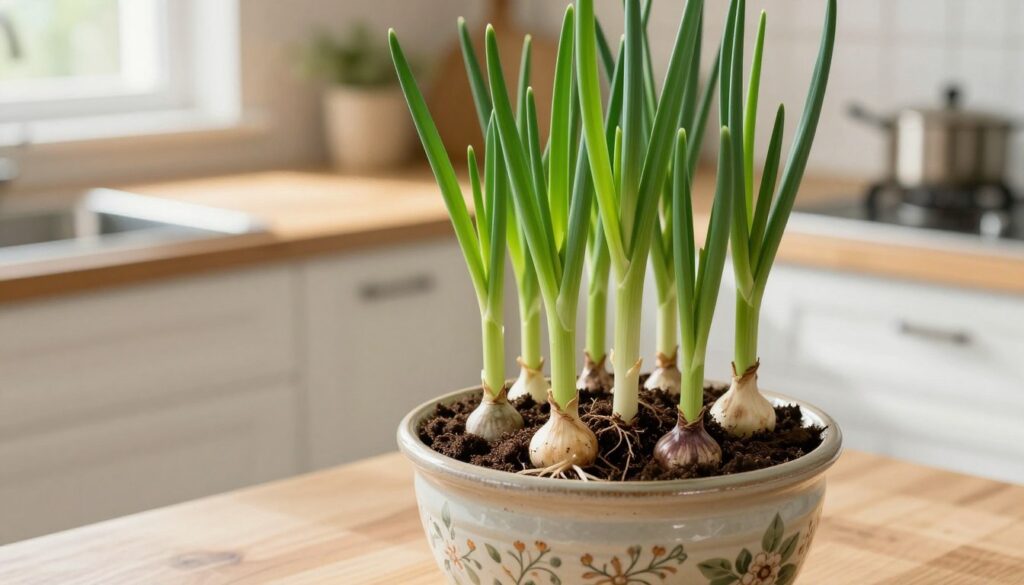 A close-up view of a vibrant green garlic plant growing in an elegant ceramic pot, positioned in a bright, airy kitchen. The foreground features fresh, lush green garlic shoots sprouting from rich, dark soil. In the middle, the ceramic pot is beautifully designed with subtle floral patterns, showcasing the healthy roots and the texture of the soil. The background includes softly blurred kitchen elements like wooden countertops and sunlight streaming through a window, adding warmth to the scene. The atmosphere is lively and inviting, emphasizing a sense of growth and home gardening. Use natural lighting to highlight the vivid colors and create a serene, nurturing environment. A close-up view of a vibrant green garlic plant growing in an elegant ceramic pot, positioned in a bright, airy kitchen. The foreground features fresh, lush green garlic shoots sprouting from rich, dark soil. In the middle, the ceramic pot is beautifully designed with subtle floral patterns, showcasing the healthy roots and the texture of the soil. The background includes softly blurred kitchen elements like wooden countertops and sunlight streaming through a window, adding warmth to the scene. The atmosphere is lively and inviting, emphasizing a sense of growth and home gardening. Use natural lighting to highlight the vivid colors and create a serene, nurturing environment.