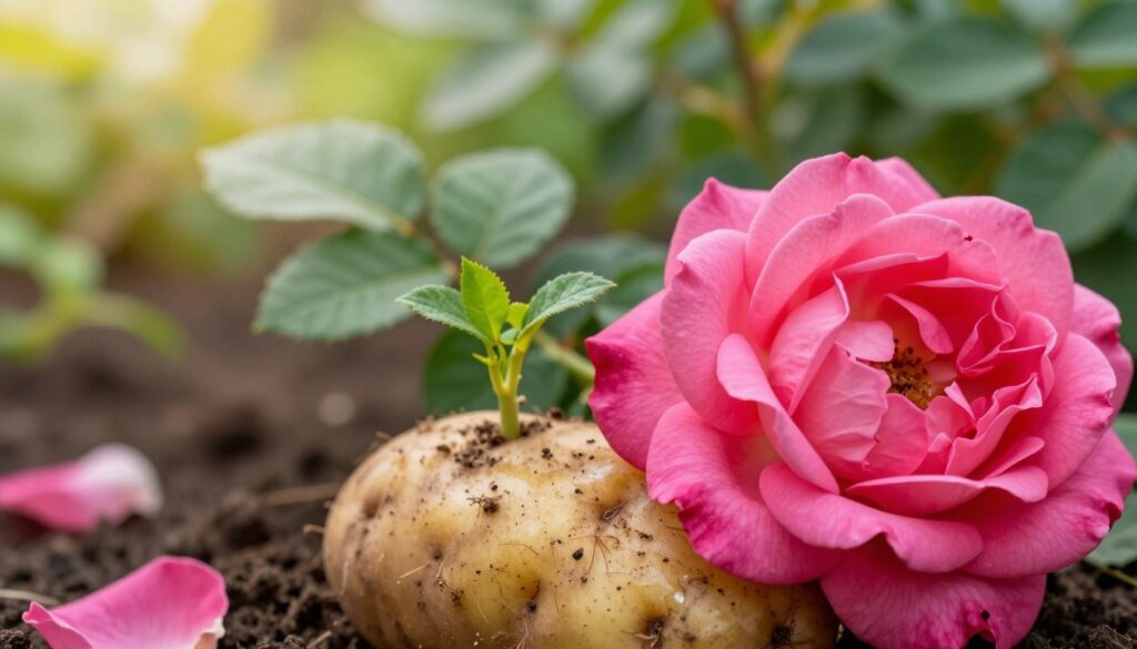 A close-up view of a vibrant pink rose cutting, nestled within a potato, representing the innovative gardening method of propagating roses. The foreground features the delicate petals of the rose, showcasing their rich colors and intricate textures, partially embedded in the earth-toned flesh of the potato. In the middle ground, fresh green leaves sprout, suggesting new growth. The background is softly blurred, featuring a lush garden environment with hints of sunlight filtering through the foliage, creating a warm and inviting atmosphere. The lighting is natural, emphasizing the shine of the rose petals and the earthy tones of the potato, captured from a slightly elevated angle to highlight the unique propagation technique. The mood is hopeful and vibrant, illustrating the potential for new beginnings in gardening. A close-up view of a vibrant pink rose cutting, nestled within a potato, representing the innovative gardening method of propagating roses. The foreground features the delicate petals of the rose, showcasing their rich colors and intricate textures, partially embedded in the earth-toned flesh of the potato. In the middle ground, fresh green leaves sprout, suggesting new growth. The background is softly blurred, featuring a lush garden environment with hints of sunlight filtering through the foliage, creating a warm and inviting atmosphere. The lighting is natural, emphasizing the shine of the rose petals and the earthy tones of the potato, captured from a slightly elevated angle to highlight the unique propagation technique. The mood is hopeful and vibrant, illustrating the potential for new beginnings in gardening.