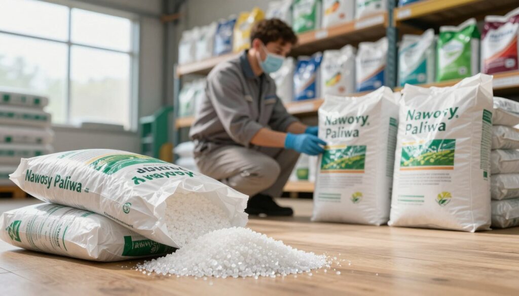 A close-up view of agricultural fertilizer bags labeled "Nawozy Paliwa," stacked neatly in a modern farming warehouse. The foreground features a few bags partially opened, showing bright, crystalline fertilizer granules spilling out onto a clean wooden floor. In the middle, an agricultural worker in professional attire, wearing gloves and a safety mask, inspects the bags for quality assurance, emphasizing a sense of diligence and care. The background shows shelves lined with various fertilizers, illuminated by soft, natural lighting filtering through large windows, casting gentle shadows. The overall atmosphere is one of industriousness and focus, reflecting the challenges of rising production costs in agriculture. The image should have a sharp focus, captured with a 35mm lens to enhance detail.