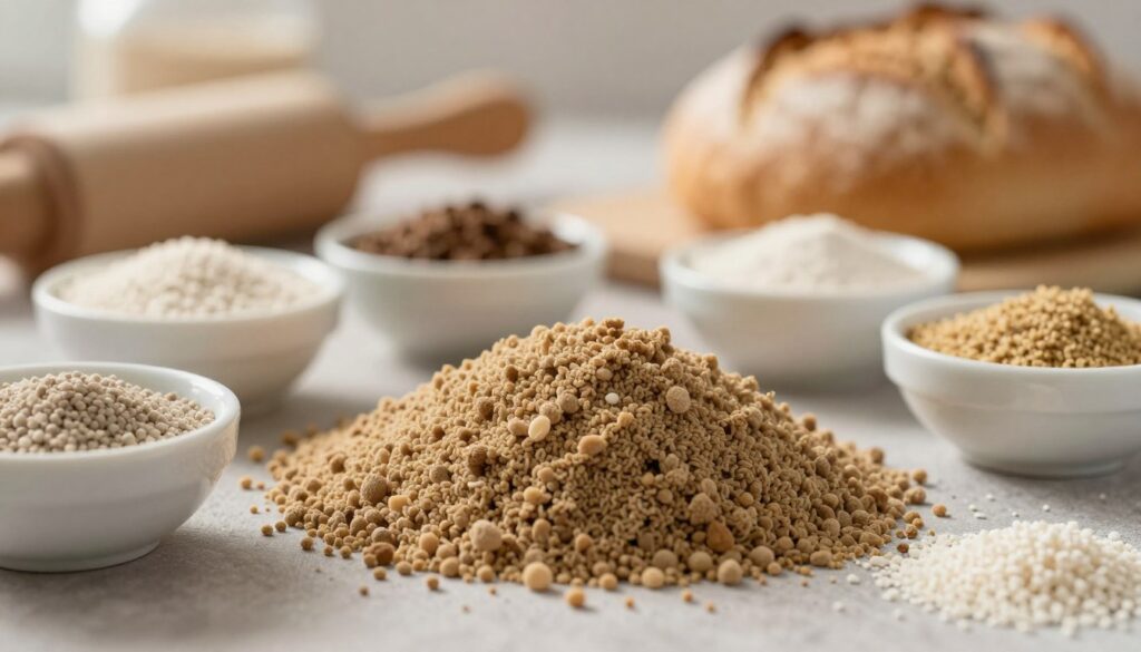 A close-up view of baker's yeast, showcasing its nutritional components in an artistic arrangement. In the foreground, depict granulated yeast particles with a rich, textured surface, surrounded by small bowls filled with various nutrients such as B vitamins, proteins, and minerals. In the middle ground, incorporate a faintly blurred background of fresh bread and baking tools, creating a cozy kitchen atmosphere. Soft, natural lighting from the left highlights the yeast and nutrients, casting gentle shadows. Use a shallow depth of field to emphasize the intricacies of the yeast while subtly suggesting the baking context. The mood should be warm and inviting, reflecting the nurturing properties of yeast in fermentation and nutrition. A close-up view of baker's yeast, showcasing its nutritional components in an artistic arrangement. In the foreground, depict granulated yeast particles with a rich, textured surface, surrounded by small bowls filled with various nutrients such as B vitamins, proteins, and minerals. In the middle ground, incorporate a faintly blurred background of fresh bread and baking tools, creating a cozy kitchen atmosphere. Soft, natural lighting from the left highlights the yeast and nutrients, casting gentle shadows. Use a shallow depth of field to emphasize the intricacies of the yeast while subtly suggesting the baking context. The mood should be warm and inviting, reflecting the nurturing properties of yeast in fermentation and nutrition.