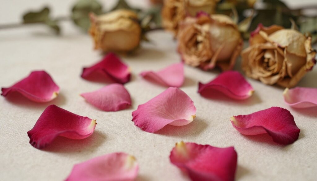 A close-up view of delicate rose petals in varying shades of pink and red, intricately arranged on a soft, natural linen background. The petals glisten gently, caught in warm, diffused morning light that highlights their velvety texture. In the background, a blurred array of dried roses and greenery suggest an elegant, rustic setting, enhancing the compositional depth. The image should evoke a serene and romantic atmosphere, ideal for a decorative or cosmetic context. Use a shallow depth of field to keep the focus sharp on the petals while softly blurring the background elements, creating a dreamy effect that captures the essence of preserving beauty through dried flowers.