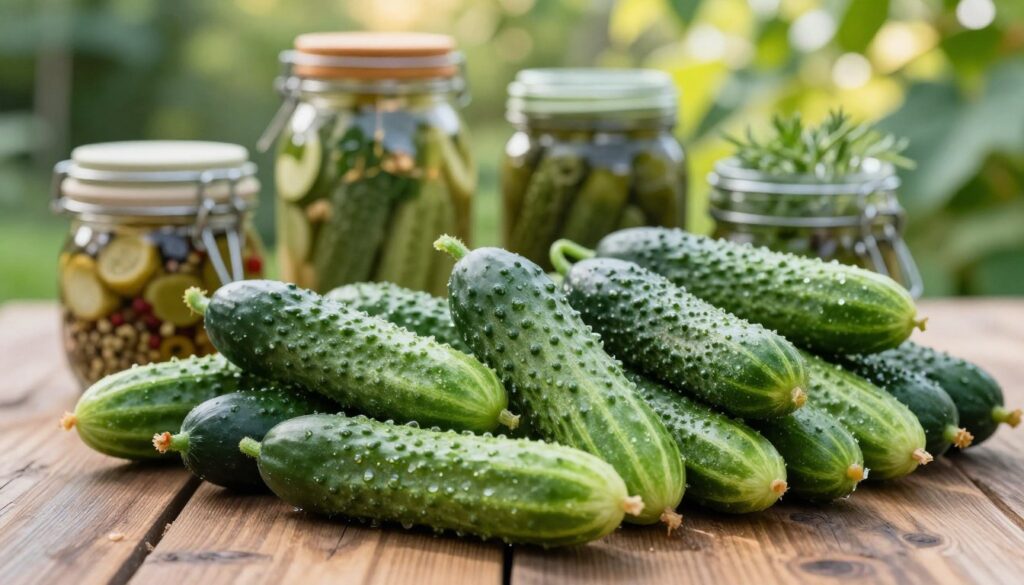 A close-up view of fresh, crisp cucumbers arranged artistically on a rustic wooden table, showcasing various varieties ideal for pickling and preserving. The foreground features dewy cucumbers with rich green hues and subtle textures, emphasizing their freshness. In the middle ground, jars filled with traditional pickling spices and herbs accompany the cucumbers, hinting at the preservation process. The background is softly blurred, highlighting a lush garden with hints of sunlight filtering through green leaves, creating a warm, inviting atmosphere. The composition is well-lit with soft, natural light to enhance the vibrant colors and textures, evoking a sense of abundance and seasonal harvest.