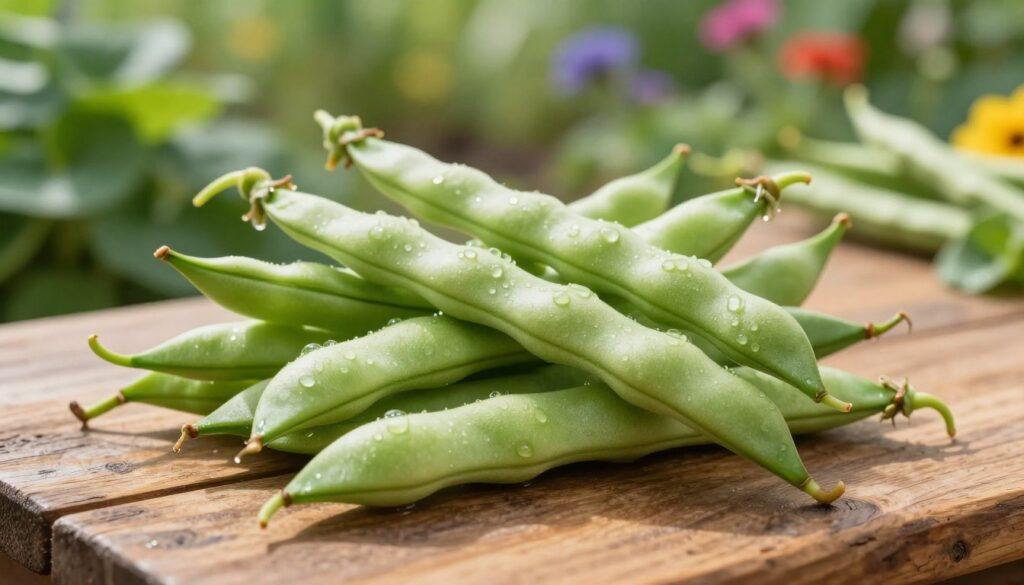 A close-up view of fresh green "fasolka szparagowa" beans, arranged artistically on a rustic wooden table. The beans are vibrant, glistening with morning dew to emphasize their freshness. In the background, softly blurred garden elements like leafy plants and colorful flowers suggest a summer setting, creating an inviting atmosphere. The lighting is warm and natural, reminiscent of soft sunlight filtering through tree branches, casting gentle shadows. A shallow depth of field is used to keep the focus on the beans while the background remains artistically blurred. The overall mood conveys a sense of bountiful harvest and the delights of summer gardening, ideal for showcasing the beauty of this delicate vegetable. A close-up view of fresh green "fasolka szparagowa" beans, arranged artistically on a rustic wooden table. The beans are vibrant, glistening with morning dew to emphasize their freshness. In the background, softly blurred garden elements like leafy plants and colorful flowers suggest a summer setting, creating an inviting atmosphere. The lighting is warm and natural, reminiscent of soft sunlight filtering through tree branches, casting gentle shadows. A shallow depth of field is used to keep the focus on the beans while the background remains artistically blurred. The overall mood conveys a sense of bountiful harvest and the delights of summer gardening, ideal for showcasing the beauty of this delicate vegetable.