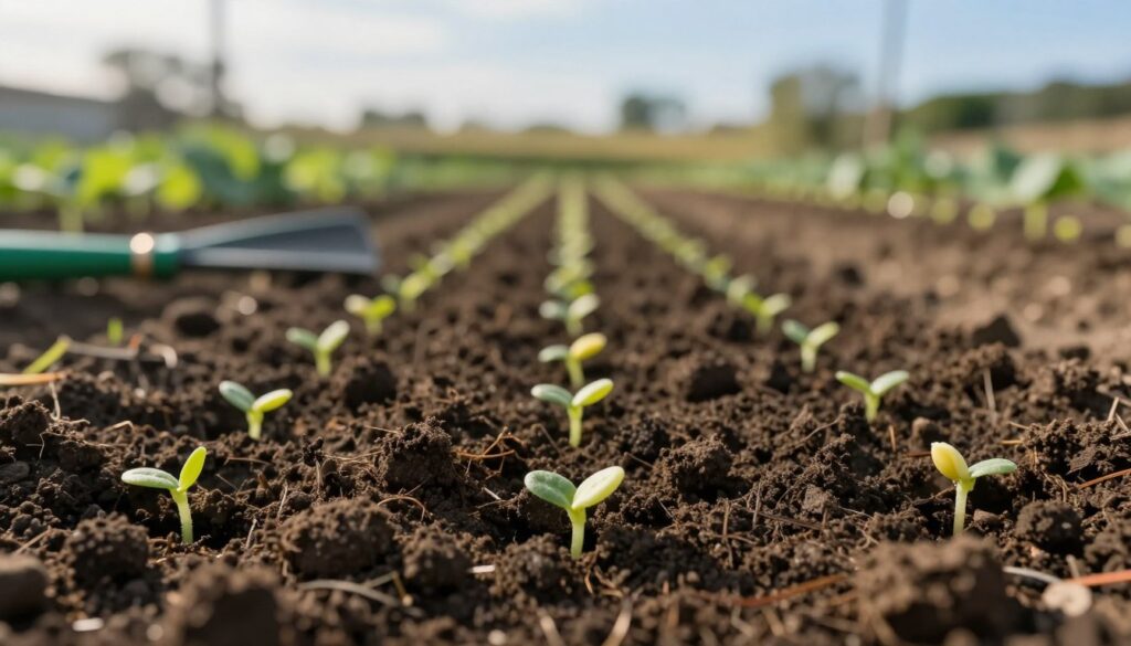 A close-up view of freshly sown cucumber seeds in the earth, highlighted in the foreground with small, rich soil clumps and tiny, emerging plants. In the middle ground, a garden plot stretches out with neatly arranged rows of planted seeds, bathed in soft morning light for a warm and inviting atmosphere. The background features a blurred garden landscape, with a gentle blue sky and hints of green garden tools resting beside the plot. The image should capture the delicate process of planting directly into the ground, illustrating the care and intention behind this sowing method. Use a shallow depth of field to emphasize the seeds while creating a serene, agricultural mood. The photo should appear natural and inviting, ideal for a gardening article. A close-up view of freshly sown cucumber seeds in the earth, highlighted in the foreground with small, rich soil clumps and tiny, emerging plants. In the middle ground, a garden plot stretches out with neatly arranged rows of planted seeds, bathed in soft morning light for a warm and inviting atmosphere. The background features a blurred garden landscape, with a gentle blue sky and hints of green garden tools resting beside the plot. The image should capture the delicate process of planting directly into the ground, illustrating the care and intention behind this sowing method. Use a shallow depth of field to emphasize the seeds while creating a serene, agricultural mood. The photo should appear natural and inviting, ideal for a gardening article.