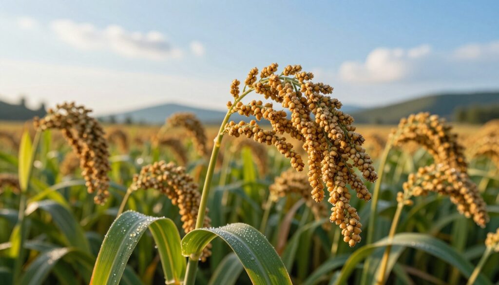 A close-up view of golden proso millet plants in a lush, green field, showcasing ripe grain heads swaying gently in the breeze. In the foreground, highlight individual proso grains glistening with morning dew, emphasizing their texture. The middle ground features a broader view of the field with vibrant green leaves contrasting with the warm gold of the grains, under a clear blue sky with soft, scattered clouds. The background includes a serene landscape of distant rolling hills, bathed in soft sunlight, creating a warm and inviting atmosphere. The lighting is bright and natural, capturing the essence of a sunny day, perfect for illustrating agricultural themes. Focus on the details of the proso plants, highlighting their importance in crop yield discussions. A close-up view of golden proso millet plants in a lush, green field, showcasing ripe grain heads swaying gently in the breeze. In the foreground, highlight individual proso grains glistening with morning dew, emphasizing their texture. The middle ground features a broader view of the field with vibrant green leaves contrasting with the warm gold of the grains, under a clear blue sky with soft, scattered clouds. The background includes a serene landscape of distant rolling hills, bathed in soft sunlight, creating a warm and inviting atmosphere. The lighting is bright and natural, capturing the essence of a sunny day, perfect for illustrating agricultural themes. Focus on the details of the proso plants, highlighting their importance in crop yield discussions.