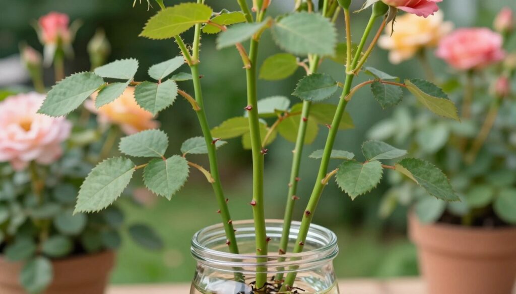 A close-up view of healthy rose cuttings, showcasing vibrant green stems with small thorns, paired with delicate leaves showcasing various shades of green. The stems are about six to eight inches long, placed in a clear glass jar filled with water to demonstrate the rooting process. In the background, a softly blurred garden setting features colorful rose blooms and lush foliage, creating a warm, inviting atmosphere. The lighting is natural and soft, capturing the fresh essence of the garden. A shallow depth of field focuses on the cuttings in the foreground, creating an intimate and educational atmosphere ideal for illustrating the process of propagating roses. A close-up view of healthy rose cuttings, showcasing vibrant green stems with small thorns, paired with delicate leaves showcasing various shades of green. The stems are about six to eight inches long, placed in a clear glass jar filled with water to demonstrate the rooting process. In the background, a softly blurred garden setting features colorful rose blooms and lush foliage, creating a warm, inviting atmosphere. The lighting is natural and soft, capturing the fresh essence of the garden. A shallow depth of field focuses on the cuttings in the foreground, creating an intimate and educational atmosphere ideal for illustrating the process of propagating roses.
