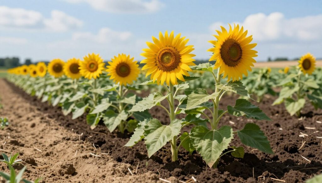 A close-up view of healthy sunflower plants growing in rich, dark soil, showcasing their lush green leaves and vibrant yellow flowers. Surround the sunflowers with various soil types, emphasizing well-drained sandy loam on one side and nutrient-rich, slightly moist soil on the other, to illustrate different soil requirements. In the background, a sun-kissed agricultural field stretches into the horizon, under a clear blue sky with soft, fluffy clouds, capturing the essence of a warm summer day. Use soft, natural lighting to enhance the colors and textures of the plants and soil, with a slight depth of field to create a professional and serene atmosphere, focusing attention on the sunflowers and soil characteristics. A close-up view of healthy sunflower plants growing in rich, dark soil, showcasing their lush green leaves and vibrant yellow flowers. Surround the sunflowers with various soil types, emphasizing well-drained sandy loam on one side and nutrient-rich, slightly moist soil on the other, to illustrate different soil requirements. In the background, a sun-kissed agricultural field stretches into the horizon, under a clear blue sky with soft, fluffy clouds, capturing the essence of a warm summer day. Use soft, natural lighting to enhance the colors and textures of the plants and soil, with a slight depth of field to create a professional and serene atmosphere, focusing attention on the sunflowers and soil characteristics.