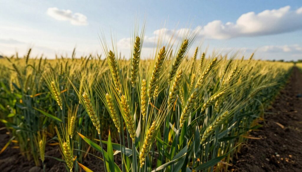 A close-up view of healthy two-row barley plants thriving in a fertile agricultural field. The foreground features lush green stalks of barley with mature golden heads, showcasing the distinctive long, slender shape of the grains. In the middle, the soil is rich and dark, indicating excellent fertility and proper tillage practices. The background features a clear blue sky with soft white clouds, gently illuminated by warm sunlight, creating a serene and inviting atmosphere. The angle is slightly elevated, providing a perspective that emphasizes the texture of the grains and the health of the plants. The overall mood conveys growth, vitality, and the importance of understanding soil and site requirements for successful barley cultivation. A close-up view of healthy two-row barley plants thriving in a fertile agricultural field. The foreground features lush green stalks of barley with mature golden heads, showcasing the distinctive long, slender shape of the grains. In the middle, the soil is rich and dark, indicating excellent fertility and proper tillage practices. The background features a clear blue sky with soft white clouds, gently illuminated by warm sunlight, creating a serene and inviting atmosphere. The angle is slightly elevated, providing a perspective that emphasizes the texture of the grains and the health of the plants. The overall mood conveys growth, vitality, and the importance of understanding soil and site requirements for successful barley cultivation.