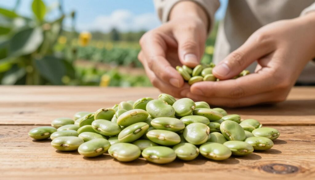 A close-up view of high-quality fava bean seeds displayed on a rustic wooden table. In the foreground, focus on a handful of plump, fresh seeds showcasing their unique shapes and shiny coats, highlighting various shades of green and speckles of black. In the middle ground, a pair of hands in modest casual clothing gently sorting through seeds, examining them carefully to choose the best ones. In the background, a softly blurred garden setting with vibrant green plants and a bright blue sky, evoking a sunny, cheerful atmosphere. The lighting should be natural and warm, creating a feeling of freshness and health, with a slight depth of field to isolate the seeds and hands, bringing attention to the selection process. A close-up view of high-quality fava bean seeds displayed on a rustic wooden table. In the foreground, focus on a handful of plump, fresh seeds showcasing their unique shapes and shiny coats, highlighting various shades of green and speckles of black. In the middle ground, a pair of hands in modest casual clothing gently sorting through seeds, examining them carefully to choose the best ones. In the background, a softly blurred garden setting with vibrant green plants and a bright blue sky, evoking a sunny, cheerful atmosphere. The lighting should be natural and warm, creating a feeling of freshness and health, with a slight depth of field to isolate the seeds and hands, bringing attention to the selection process.