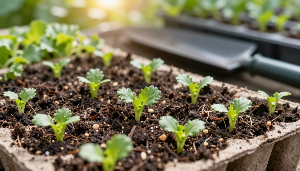 A close-up view of high-quality growing medium specifically formulated for celery seedlings, showcasing rich, dark soil with visible organic matter and small granules for aeration. In the foreground, there are several biodegradable seed trays filled with the prepared substrate, with tiny, vibrant green celery sprouts emerging. The middle ground includes more trays arranged neatly, with varying amounts of sprouting greenery. In the background, soft-focus garden tools and natural sunlight filtering through leaves create a warm and inviting atmosphere. The lighting is bright and natural, emphasizing the freshness and vitality of the seedlings, with a shallow depth of field that draws attention to the lush young plants.