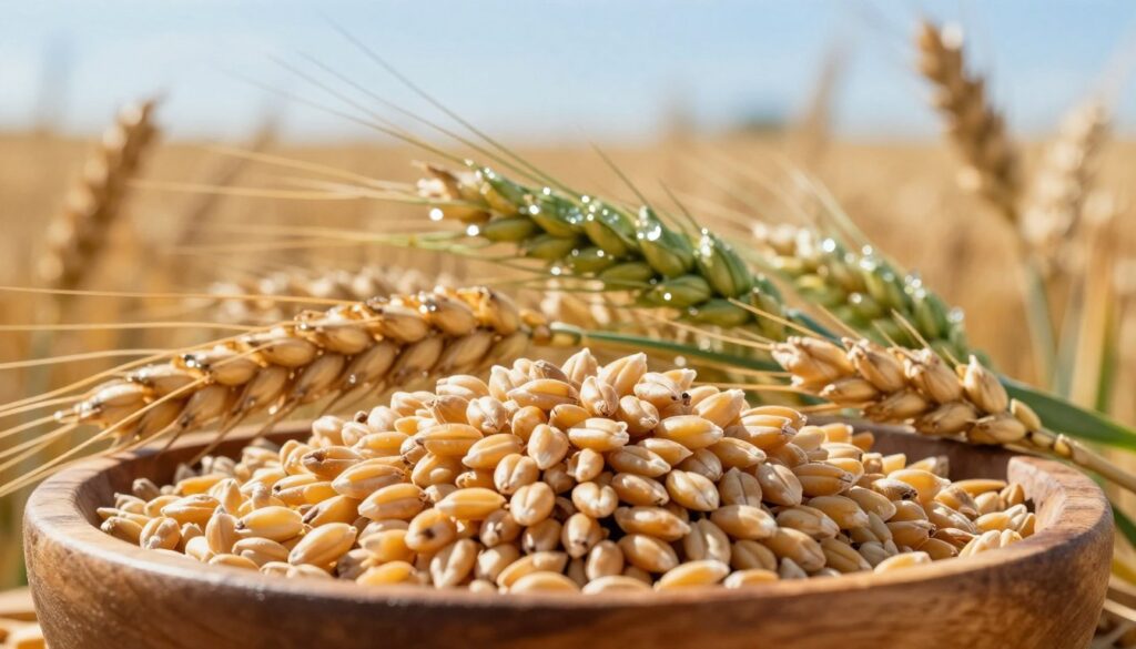 A close-up view of ripe golden wheat grains, showcasing both consumption and feed varieties, arranged elegantly in a rustic wooden bowl. In the foreground, the detailed texture of the grains is highlighted by warm, natural lighting, emphasizing their glossy surface. The middle ground features soft green wheat stalks gently swaying, with dew drops clinging to the leaves, indicating early morning freshness. In the background, a softly blurred golden wheat field stretches under a clear blue sky, creating a serene rural landscape. The overall mood is tranquil and agricultural, reflecting the essence of wheat pricing analysis. The composition invites viewers to appreciate the beauty of this vital crop, with a focus on its economic significance. A close-up view of ripe golden wheat grains, showcasing both consumption and feed varieties, arranged elegantly in a rustic wooden bowl. In the foreground, the detailed texture of the grains is highlighted by warm, natural lighting, emphasizing their glossy surface. The middle ground features soft green wheat stalks gently swaying, with dew drops clinging to the leaves, indicating early morning freshness. In the background, a softly blurred golden wheat field stretches under a clear blue sky, creating a serene rural landscape. The overall mood is tranquil and agricultural, reflecting the essence of wheat pricing analysis. The composition invites viewers to appreciate the beauty of this vital crop, with a focus on its economic significance.