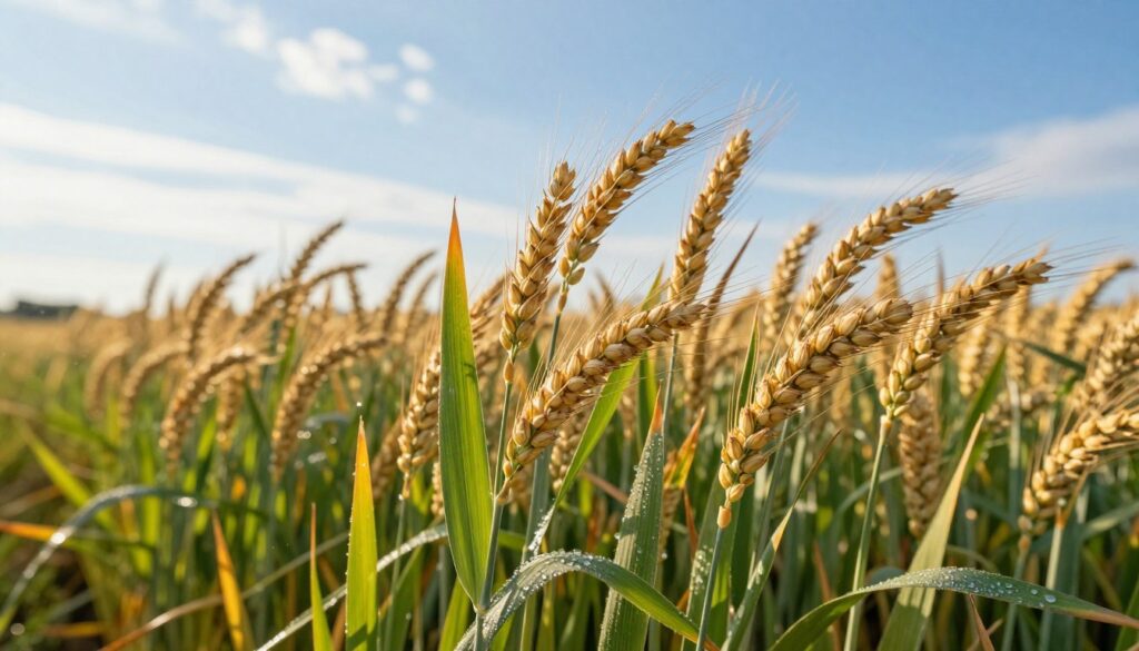 A close-up view of rye (żyto) plants in a field, showcasing their tall, slender stalks topped with fluffy, golden seed heads swaying gently in a soft breeze. The foreground features vibrant green leaves with dew drops glistening in the morning light, creating a fresh and inviting atmosphere. In the middle ground, clusters of ripe rye stand out against a backdrop of a clear blue sky with wispy clouds, symbolizing their natural habitat. The lighting is bright and warm, indicating a sunny day typical for harvesting. The overall mood conveys tranquility and abundance, ideal for illustrating the origins and characteristics of rye. A close-up view of rye (żyto) plants in a field, showcasing their tall, slender stalks topped with fluffy, golden seed heads swaying gently in a soft breeze. The foreground features vibrant green leaves with dew drops glistening in the morning light, creating a fresh and inviting atmosphere. In the middle ground, clusters of ripe rye stand out against a backdrop of a clear blue sky with wispy clouds, symbolizing their natural habitat. The lighting is bright and warm, indicating a sunny day typical for harvesting. The overall mood conveys tranquility and abundance, ideal for illustrating the origins and characteristics of rye.