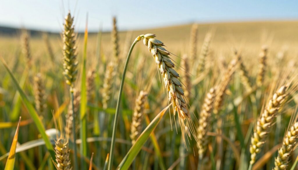 A close-up view of rye (żyto) plants in a golden field, showcasing the unique characteristics of the grain. In the foreground, focus on the tall, slender stalks with elongated, drooping seed heads, highlighting the distinct spiky texture of rye compared to wheat and barley. Sunlight filters through the stalks, creating a warm, inviting glow that emphasizes the rich green and golden hues. In the middle ground, integrate patches of wheat and barley for a clear comparison, with their contrasting shapes and colors. The background features a blurred, rolling landscape under a bright blue sky, evoking a serene agricultural atmosphere. Use a soft focus lens effect to enhance the depth and detail, capturing the essence of a summer's day in the countryside. A close-up view of rye (żyto) plants in a golden field, showcasing the unique characteristics of the grain. In the foreground, focus on the tall, slender stalks with elongated, drooping seed heads, highlighting the distinct spiky texture of rye compared to wheat and barley. Sunlight filters through the stalks, creating a warm, inviting glow that emphasizes the rich green and golden hues. In the middle ground, integrate patches of wheat and barley for a clear comparison, with their contrasting shapes and colors. The background features a blurred, rolling landscape under a bright blue sky, evoking a serene agricultural atmosphere. Use a soft focus lens effect to enhance the depth and detail, capturing the essence of a summer's day in the countryside.