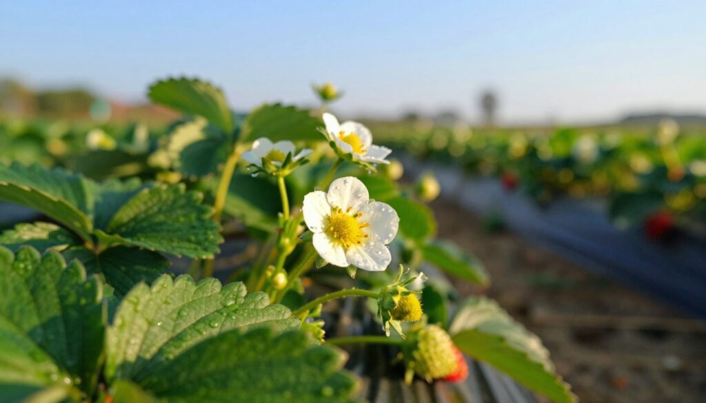 A close-up view of strawberry plants in a vibrant garden setting, showcasing the delicate white flowers beginning to bloom, with tiny green fruits emerging beneath them. In the foreground, focus on the vivid petals of the flowers, with dewdrops glistening in the morning light, suggesting freshness and vitality. The middle ground features lush green leaves, displaying a healthy plant structure, while a soft-focus background captures a blurred landscape of additional strawberry plants under a clear blue sky. The lighting is warm and inviting, with a gentle golden hue, creating a serene and encouraging atmosphere that emphasizes growth and the important factors influencing fruit development. The composition should be with an emphasis on depth and clarity, using a macro lens perspective to highlight the tiny details. A close-up view of strawberry plants in a vibrant garden setting, showcasing the delicate white flowers beginning to bloom, with tiny green fruits emerging beneath them. In the foreground, focus on the vivid petals of the flowers, with dewdrops glistening in the morning light, suggesting freshness and vitality. The middle ground features lush green leaves, displaying a healthy plant structure, while a soft-focus background captures a blurred landscape of additional strawberry plants under a clear blue sky. The lighting is warm and inviting, with a gentle golden hue, creating a serene and encouraging atmosphere that emphasizes growth and the important factors influencing fruit development. The composition should be with an emphasis on depth and clarity, using a macro lens perspective to highlight the tiny details.