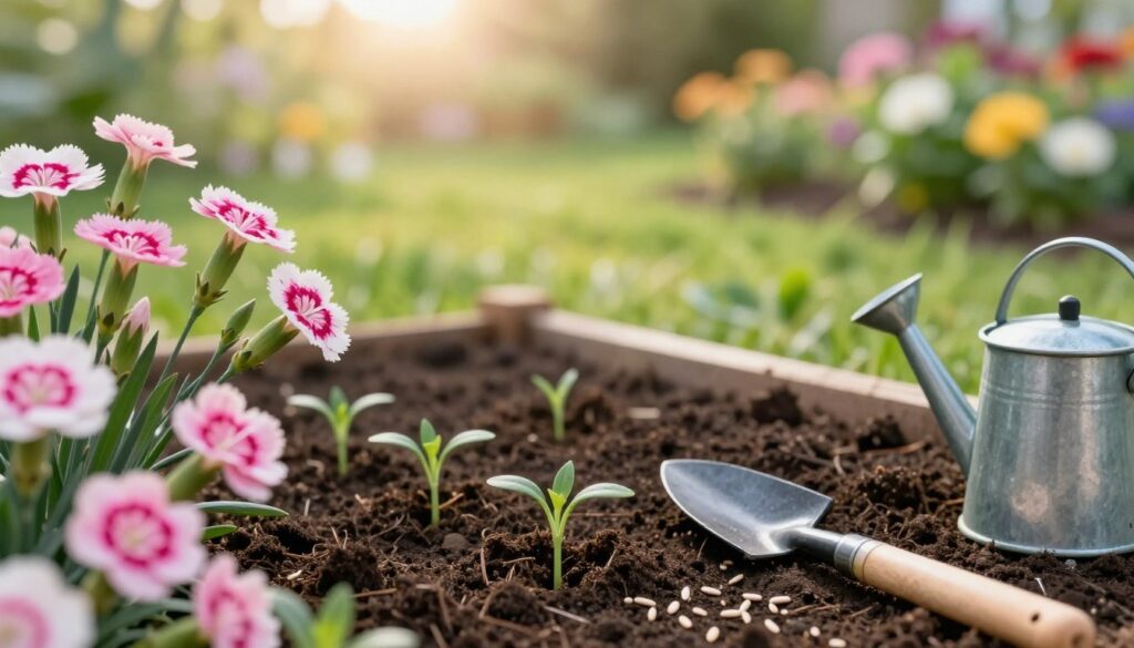 A close-up view of vibrant Dianthus barbatus, commonly known as the bearded carnation, adorned with delicate petals in shades of pink and white. The foreground showcases well-prepared seeds and healthy seedlings ready for planting, with small garden tools like a trowel and watering can nearby. In the middle, a neatly arranged small garden bed filled with rich, dark soil awaits sowing, with scattered seeds indicating the planting process. The background features a sunny garden scene with soft green grass and colorful flowers gently swaying in a light breeze. Gentle sunlight filters through the clouds, casting a warm and inviting glow, creating an atmosphere of tranquility and growth. The image is captured from a slightly elevated angle to provide depth, highlighting gardening as a peaceful and rewarding activity. A close-up view of vibrant Dianthus barbatus, commonly known as the bearded carnation, adorned with delicate petals in shades of pink and white. The foreground showcases well-prepared seeds and healthy seedlings ready for planting, with small garden tools like a trowel and watering can nearby. In the middle, a neatly arranged small garden bed filled with rich, dark soil awaits sowing, with scattered seeds indicating the planting process. The background features a sunny garden scene with soft green grass and colorful flowers gently swaying in a light breeze. Gentle sunlight filters through the clouds, casting a warm and inviting glow, creating an atmosphere of tranquility and growth. The image is captured from a slightly elevated angle to provide depth, highlighting gardening as a peaceful and rewarding activity.