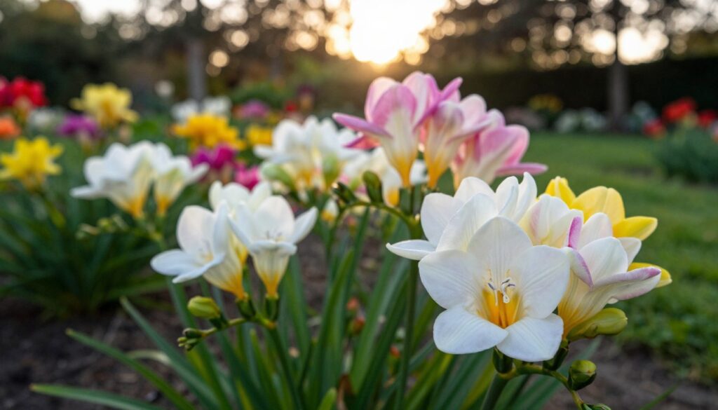 A close-up view of vibrant freesia flowers in a garden setting, showcasing their delicate petals in various shades of white, pink, and yellow. In the foreground, individual blooms are highlighted with intricate details of their textures and colors. The middle ground features lush green foliage, providing a rich contrast to the colorful flowers. In the background, a serene garden scene with soft sunlight filtering through trees creates a warm, inviting atmosphere. The lighting should mimic the golden hour, casting a gentle glow on the flowers, enhancing their beauty. Capture the image from a low angle to emphasize the stature of the freesia plants, creating an immersive and enchanting garden experience. A close-up view of vibrant freesia flowers in a garden setting, showcasing their delicate petals in various shades of white, pink, and yellow. In the foreground, individual blooms are highlighted with intricate details of their textures and colors. The middle ground features lush green foliage, providing a rich contrast to the colorful flowers. In the background, a serene garden scene with soft sunlight filtering through trees creates a warm, inviting atmosphere. The lighting should mimic the golden hour, casting a gentle glow on the flowers, enhancing their beauty. Capture the image from a low angle to emphasize the stature of the freesia plants, creating an immersive and enchanting garden experience.