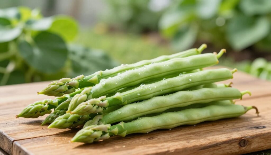 A close-up view of vivid green "fasolka szparagowa" (asparagus beans) displayed on a rustic wooden table. The beans are fresh, with slight dewdrops glistening under soft morning light, accentuating their smooth texture and vibrant color. In the background, a blurred garden scene showcases lush, leafy plants, hinting at a sunny day filled with healthy growth. The composition is tightly focused on the beans, with a gentle bokeh effect emphasizing their freshness and nutritional appeal. The atmosphere feels inviting and wholesome, reflecting the essence of this nutritious vegetable. Use natural lighting to enhance the organic feel, ideally captured at a 45-degree angle to create depth while keeping the subject crisp and clear. A close-up view of vivid green "fasolka szparagowa" (asparagus beans) displayed on a rustic wooden table. The beans are fresh, with slight dewdrops glistening under soft morning light, accentuating their smooth texture and vibrant color. In the background, a blurred garden scene showcases lush, leafy plants, hinting at a sunny day filled with healthy growth. The composition is tightly focused on the beans, with a gentle bokeh effect emphasizing their freshness and nutritional appeal. The atmosphere feels inviting and wholesome, reflecting the essence of this nutritious vegetable. Use natural lighting to enhance the organic feel, ideally captured at a 45-degree angle to create depth while keeping the subject crisp and clear.