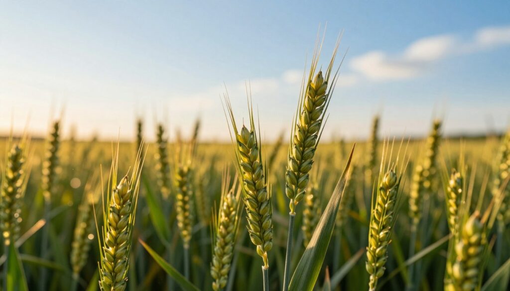 A close-up view of wheat plants at the moment of "shooting up" in their growth phase, showcasing their vibrant green stalks and delicate golden heads. In the foreground, focus on a cluster of grain stalks, capturing the intricate details of the leaves and emerging flowers. The middle ground should feature a slightly blurred field of wheat that stretches toward the horizon, where a warm, golden sunlight bathes the landscape in a soft, inviting glow. The background highlights a clear blue sky with a few wispy clouds, enhancing the serene atmosphere. This image should evoke a sense of growth, vitality, and the beauty of nature in its prime. Use a shallow depth of field to draw attention to the wheat while softly blurring the distant field. A close-up view of wheat plants at the moment of "shooting up" in their growth phase, showcasing their vibrant green stalks and delicate golden heads. In the foreground, focus on a cluster of grain stalks, capturing the intricate details of the leaves and emerging flowers. The middle ground should feature a slightly blurred field of wheat that stretches toward the horizon, where a warm, golden sunlight bathes the landscape in a soft, inviting glow. The background highlights a clear blue sky with a few wispy clouds, enhancing the serene atmosphere. This image should evoke a sense of growth, vitality, and the beauty of nature in its prime. Use a shallow depth of field to draw attention to the wheat while softly blurring the distant field.