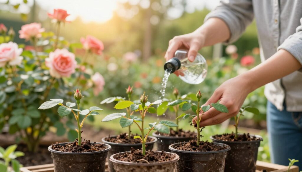 A close-up view of young rose cuttings in a bright, nurturing garden environment. In the foreground, freshly planted rose cuttings in small pots with rich, moist soil, showing healthy green leaves and new growth. The middle ground features a gardener wearing modest casual clothing, carefully tending to the cuttings, gently misting them with water for hydration. The background is a lush garden filled with vibrant, blooming rose bushes, bathed in warm, golden sunlight filtering through the leaves, creating a serene, encouraging atmosphere. Soft focus on surrounding greenery enhances the focal point on the cuttings, giving an inviting, hopeful mood, signifying the care needed for successful rooting and growth.