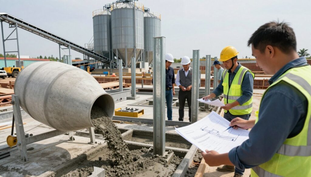 A construction site dedicated to the installation of agricultural foundation works, featuring several workers in professional business attire collaborating on the setup of a grain intake system. In the foreground, focus on a concrete mixer and workers pouring concrete into foundation molds. The middle ground highlights a series of metal columns being erected, with a blueprint laid out on a table, illustrating the integration of a transport system. In the background, large silos and conveyor belts are visible, emphasizing a modern, efficient grain storage facility. The scene is illuminated by natural daylight, casting soft shadows, while the angle captures the dynamic activity and teamwork among the workers, evoking a sense of progress and collaboration in agricultural technology installation. A construction site dedicated to the installation of agricultural foundation works, featuring several workers in professional business attire collaborating on the setup of a grain intake system. In the foreground, focus on a concrete mixer and workers pouring concrete into foundation molds. The middle ground highlights a series of metal columns being erected, with a blueprint laid out on a table, illustrating the integration of a transport system. In the background, large silos and conveyor belts are visible, emphasizing a modern, efficient grain storage facility. The scene is illuminated by natural daylight, casting soft shadows, while the angle captures the dynamic activity and teamwork among the workers, evoking a sense of progress and collaboration in agricultural technology installation.