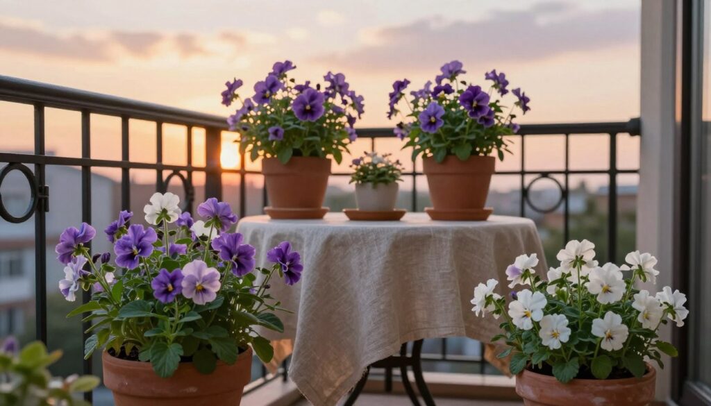 A cozy balcony adorned with several pots of blooming Maciejka (Matthiola incana), showcasing their delicate purple and white flowers. In the foreground, vibrant green leaves spill over the edges of terracotta and ceramic containers, contrasting beautifully with the colorful blooms. The middle layer features a charming bistro table draped with a simple linen cloth, set against a backdrop of a wrought-iron railing. The background displays a dreamy sunset sky, casting a warm, golden light that enhances the serene atmosphere. Through soft focus, wisps of the evening air carry the distinct sweet fragrance of the Maciejka, inviting tranquility. The image captures a peaceful moment, emphasizing the beauty and elegance of urban gardening. A cozy balcony adorned with several pots of blooming Maciejka (Matthiola incana), showcasing their delicate purple and white flowers. In the foreground, vibrant green leaves spill over the edges of terracotta and ceramic containers, contrasting beautifully with the colorful blooms. The middle layer features a charming bistro table draped with a simple linen cloth, set against a backdrop of a wrought-iron railing. The background displays a dreamy sunset sky, casting a warm, golden light that enhances the serene atmosphere. Through soft focus, wisps of the evening air carry the distinct sweet fragrance of the Maciejka, inviting tranquility. The image captures a peaceful moment, emphasizing the beauty and elegance of urban gardening.