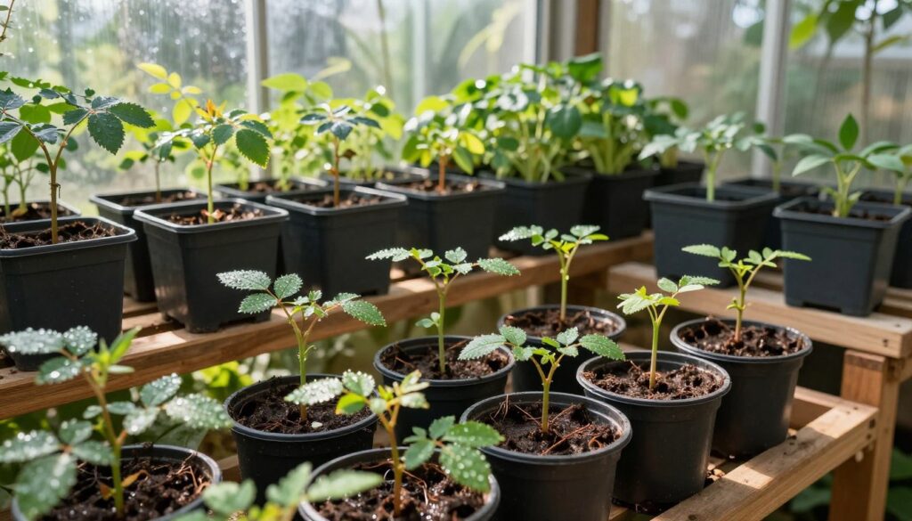 A cozy home greenhouse filled with vibrant young rose seedlings, showcasing various stages of growth. In the foreground, several delicate rose cuttings are planted in small pots, their leaves glistening with dew, indicating freshness and vitality. The middle ground features additional pots arranged on wooden shelves, with some seedlings slightly taller, demonstrating the nurturing environment. The background includes rows of lush green foliage and sunlight filtering through the transparent glass panels, casting soft, dappled light across the scene. The atmosphere is warm and inviting, emphasizing growth and hope. The image should capture this tranquil indoor gardening space from a slightly elevated angle, highlighting the beauty of nature and the joy of nurturing new plants. A cozy home greenhouse filled with vibrant young rose seedlings, showcasing various stages of growth. In the foreground, several delicate rose cuttings are planted in small pots, their leaves glistening with dew, indicating freshness and vitality. The middle ground features additional pots arranged on wooden shelves, with some seedlings slightly taller, demonstrating the nurturing environment. The background includes rows of lush green foliage and sunlight filtering through the transparent glass panels, casting soft, dappled light across the scene. The atmosphere is warm and inviting, emphasizing growth and hope. The image should capture this tranquil indoor gardening space from a slightly elevated angle, highlighting the beauty of nature and the joy of nurturing new plants.
