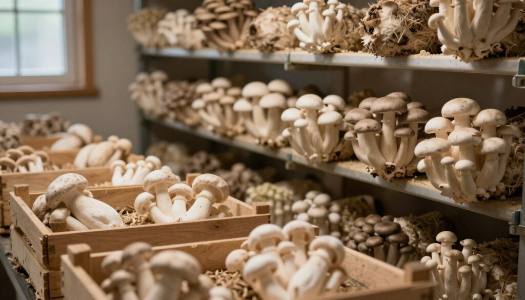 A cozy indoor mushroom farm, showcasing a variety of fresh, plump white mushrooms growing on shelves. In the foreground, there are meticulously arranged wooden crates filled with freshly harvested mushrooms, illuminated by soft, warm lighting creating a welcoming atmosphere. The middle ground features several rows of mushroom cultivation shelves, each populated with healthy, robust mushroom clusters, surrounded by natural substrates. In the background, a small window allows natural light to filter in, enhancing the earthy tones of the scene. The focus should be sharp, capturing the intricate details of the mushrooms and the tranquility of the indoor farming environment, evoking a sense of homegrown wellness and sustainability. A cozy indoor mushroom farm, showcasing a variety of fresh, plump white mushrooms growing on shelves. In the foreground, there are meticulously arranged wooden crates filled with freshly harvested mushrooms, illuminated by soft, warm lighting creating a welcoming atmosphere. The middle ground features several rows of mushroom cultivation shelves, each populated with healthy, robust mushroom clusters, surrounded by natural substrates. In the background, a small window allows natural light to filter in, enhancing the earthy tones of the scene. The focus should be sharp, capturing the intricate details of the mushrooms and the tranquility of the indoor farming environment, evoking a sense of homegrown wellness and sustainability.