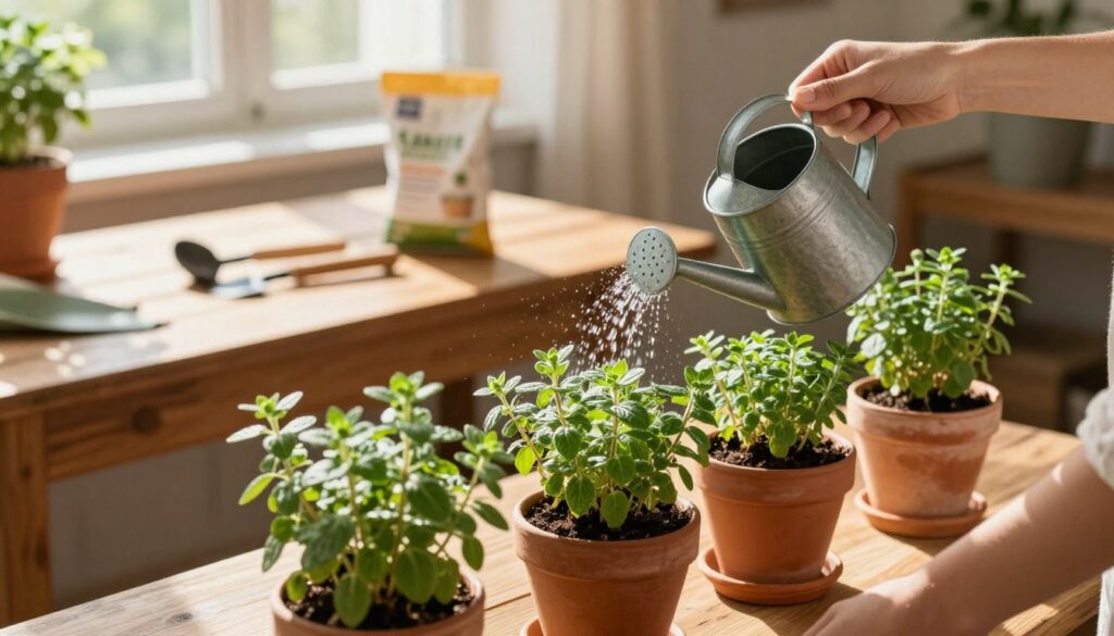 A cozy indoor scene featuring a person gently watering pots of marjoram (majeranek) using a small watering can. In the foreground, lush green marjoram plants show rich foliage, arranged neatly in terracotta pots. The water from the can glistens in the warm sunlight, catching the eye as it nourishes the plants. In the middle ground, a beautiful wooden table adorned with gardening tools and a small bag of fertilizer hints at the care involved in plant nurturing. Soft, natural light floods the scene, creating a warm, inviting atmosphere. In the background, a window allows streams of sunlight to illuminate the room, enhancing the overall serene and nurturing mood of plant care. The angle is slightly overhead, capturing both the action and the thriving plant life below. A cozy indoor scene featuring a person gently watering pots of marjoram (majeranek) using a small watering can. In the foreground, lush green marjoram plants show rich foliage, arranged neatly in terracotta pots. The water from the can glistens in the warm sunlight, catching the eye as it nourishes the plants. In the middle ground, a beautiful wooden table adorned with gardening tools and a small bag of fertilizer hints at the care involved in plant nurturing. Soft, natural light floods the scene, creating a warm, inviting atmosphere. In the background, a window allows streams of sunlight to illuminate the room, enhancing the overall serene and nurturing mood of plant care. The angle is slightly overhead, capturing both the action and the thriving plant life below.