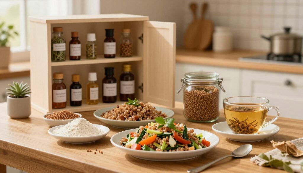 A cozy kitchen scene featuring a wooden table adorned with various buckwheat dishes, beautifully plated and garnished. In the foreground, a bowl of buckwheat salad with fresh vegetables, a small dish of buckwheat flour, and a cup of herbal tea made from buckwheat husks. The middle ground showcases a well-organized home pharmacy cabinet filled with natural remedies, including bottles labeled with herbs, tinctures, and jars of buckwheat groats. The background displays warm, ambient lighting from a window, illuminating the space with a golden hue. The atmosphere is inviting and homely, evoking a sense of health and wellness. Capture the scene with a soft focus to enhance the warmth and comfort, emphasizing the natural, wholesome essence of buckwheat in both culinary and medicinal uses. A cozy kitchen scene featuring a wooden table adorned with various buckwheat dishes, beautifully plated and garnished. In the foreground, a bowl of buckwheat salad with fresh vegetables, a small dish of buckwheat flour, and a cup of herbal tea made from buckwheat husks. The middle ground showcases a well-organized home pharmacy cabinet filled with natural remedies, including bottles labeled with herbs, tinctures, and jars of buckwheat groats. The background displays warm, ambient lighting from a window, illuminating the space with a golden hue. The atmosphere is inviting and homely, evoking a sense of health and wellness. Capture the scene with a soft focus to enhance the warmth and comfort, emphasizing the natural, wholesome essence of buckwheat in both culinary and medicinal uses.