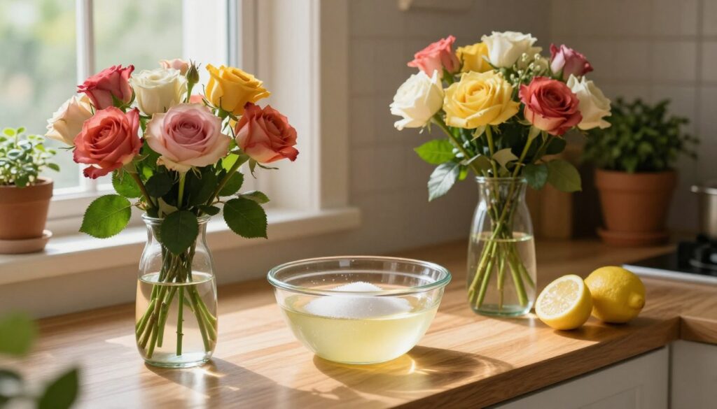 A cozy kitchen scene featuring various natural ingredients for nourishing flowers, such as sugar, lemon juice, and vinegar, artfully arranged on a wooden countertop. In the foreground, a glass vase filled with freshly cut roses showcases their vibrant colors and healthy leaves, reflecting the benefits of the homemade remedies. In the middle, a clear bowl contains a mixture of water and the natural ingredients, ready to be added to the vase. Soft, warm lighting filters through a nearby window, casting gentle shadows and emphasizing the freshness of the scene. In the background, potted houseplants create a lush atmosphere, enhancing the sense of a nurturing, vibrant home. The overall mood is inviting and serene, perfect for showcasing the beauty of flower care. A cozy kitchen scene featuring various natural ingredients for nourishing flowers, such as sugar, lemon juice, and vinegar, artfully arranged on a wooden countertop. In the foreground, a glass vase filled with freshly cut roses showcases their vibrant colors and healthy leaves, reflecting the benefits of the homemade remedies. In the middle, a clear bowl contains a mixture of water and the natural ingredients, ready to be added to the vase. Soft, warm lighting filters through a nearby window, casting gentle shadows and emphasizing the freshness of the scene. In the background, potted houseplants create a lush atmosphere, enhancing the sense of a nurturing, vibrant home. The overall mood is inviting and serene, perfect for showcasing the beauty of flower care.