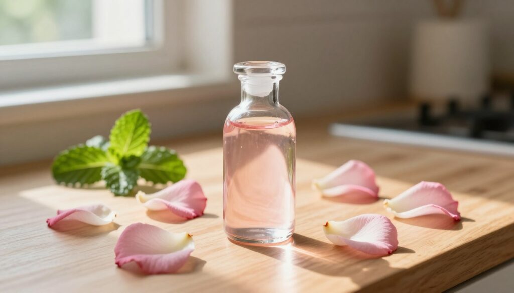 A delicate composition featuring a clear glass bottle filled with refreshing rose water, elegantly situated on a wooden kitchen counter. Surrounding the bottle are scattered, vibrant rose petals in a palette of soft pinks and whites, which evoke a sense of natural beauty. In the background, softly blurred herbal elements like fresh mint and green leaves are visible, enhancing the freshness of the scene. Warm, natural light filters in from a nearby window, casting gentle shadows and highlighting the glistening surface of the rose water. The atmosphere is serene and inviting, perfect for a home cosmetic setting, showcasing the beauty and potential of rose petals in everyday life. A delicate composition featuring a clear glass bottle filled with refreshing rose water, elegantly situated on a wooden kitchen counter. Surrounding the bottle are scattered, vibrant rose petals in a palette of soft pinks and whites, which evoke a sense of natural beauty. In the background, softly blurred herbal elements like fresh mint and green leaves are visible, enhancing the freshness of the scene. Warm, natural light filters in from a nearby window, casting gentle shadows and highlighting the glistening surface of the rose water. The atmosphere is serene and inviting, perfect for a home cosmetic setting, showcasing the beauty and potential of rose petals in everyday life.