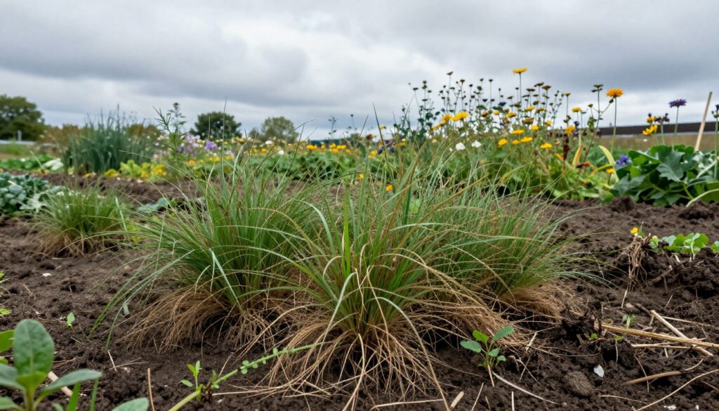 A dense patch of "perzu" grass growing vigorously in the foreground, showcasing its thick, fibrous roots and a few stubborn weeds sprouting among it. The middle ground features a garden plot with rich, dark soil and an assortment of wildflowers struggling for sunlight, symbolizing the challenges of gardening alongside perzu. In the background, a cloudy sky casts a diffused, soft light over the scene, adding a moody atmosphere. The camera angle is slightly elevated, providing a comprehensive view of the tangled growth. This composition should evoke a sense of the persistent struggle faced by gardeners against perzu, emphasizing its tenacity and toughness against cultivation efforts. A dense patch of "perzu" grass growing vigorously in the foreground, showcasing its thick, fibrous roots and a few stubborn weeds sprouting among it. The middle ground features a garden plot with rich, dark soil and an assortment of wildflowers struggling for sunlight, symbolizing the challenges of gardening alongside perzu. In the background, a cloudy sky casts a diffused, soft light over the scene, adding a moody atmosphere. The camera angle is slightly elevated, providing a comprehensive view of the tangled growth. This composition should evoke a sense of the persistent struggle faced by gardeners against perzu, emphasizing its tenacity and toughness against cultivation efforts.