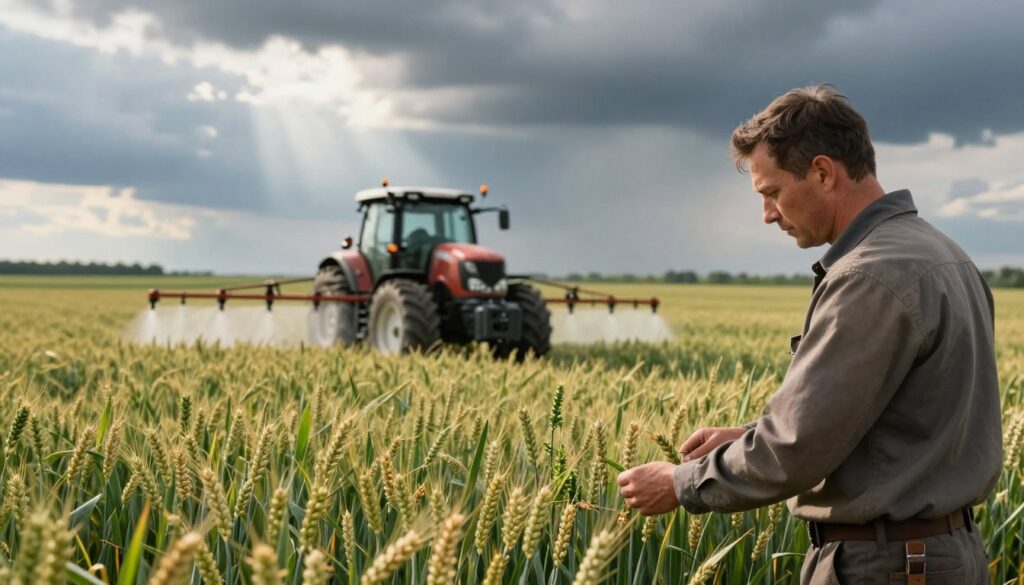 A detailed agricultural scene illustrating the impact of weather conditions on herbicide application. In the foreground, a farmer dressed in professional clothing inspects wheat, showing signs of weeds and fungal diseases. In the middle ground, a tractor applying herbicide is visible amidst lush green fields, with different types of weeds marked out. The background features a dramatic sky, illustrating varying weather conditions such as sunbeams breaking through dark clouds, symbolizing the unpredictability of weather effects. Soft focus on the tractor helps emphasize the farmer’s concern. The lighting is natural, capturing the golden hues of wheat and the ominous gray of approaching rain. The atmosphere conveys both urgency and determination in crop management. A detailed agricultural scene illustrating the impact of weather conditions on herbicide application. In the foreground, a farmer dressed in professional clothing inspects wheat, showing signs of weeds and fungal diseases. In the middle ground, a tractor applying herbicide is visible amidst lush green fields, with different types of weeds marked out. The background features a dramatic sky, illustrating varying weather conditions such as sunbeams breaking through dark clouds, symbolizing the unpredictability of weather effects. Soft focus on the tractor helps emphasize the farmer’s concern. The lighting is natural, capturing the golden hues of wheat and the ominous gray of approaching rain. The atmosphere conveys both urgency and determination in crop management.