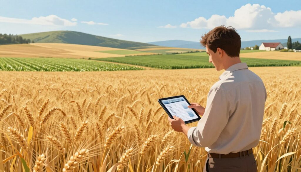 A detailed and informative illustration depicting the concept of direct payment rates for 1 hectare of crops in a rural setting. In the foreground, a well-maintained agricultural field of golden wheat stands under a bright blue sky, with a farmer in professional attire examining a yield chart on a tablet. In the middle ground, various crop fields are visible, showcasing different stages of growth—some ripe for harvest and others newly planted. In the background, a serene landscape features rolling hills and a distant farmhouse, adding depth to the scene. The lighting is warm and inviting, suggesting a sunny day in late summer. The composition conveys a sense of professionalism and optimism about agricultural advancements. The perspective should be slightly elevated, capturing the vastness of the fields and the farmer's engagement with the land. A detailed and informative illustration depicting the concept of direct payment rates for 1 hectare of crops in a rural setting. In the foreground, a well-maintained agricultural field of golden wheat stands under a bright blue sky, with a farmer in professional attire examining a yield chart on a tablet. In the middle ground, various crop fields are visible, showcasing different stages of growth—some ripe for harvest and others newly planted. In the background, a serene landscape features rolling hills and a distant farmhouse, adding depth to the scene. The lighting is warm and inviting, suggesting a sunny day in late summer. The composition conveys a sense of professionalism and optimism about agricultural advancements. The perspective should be slightly elevated, capturing the vastness of the fields and the farmer's engagement with the land.